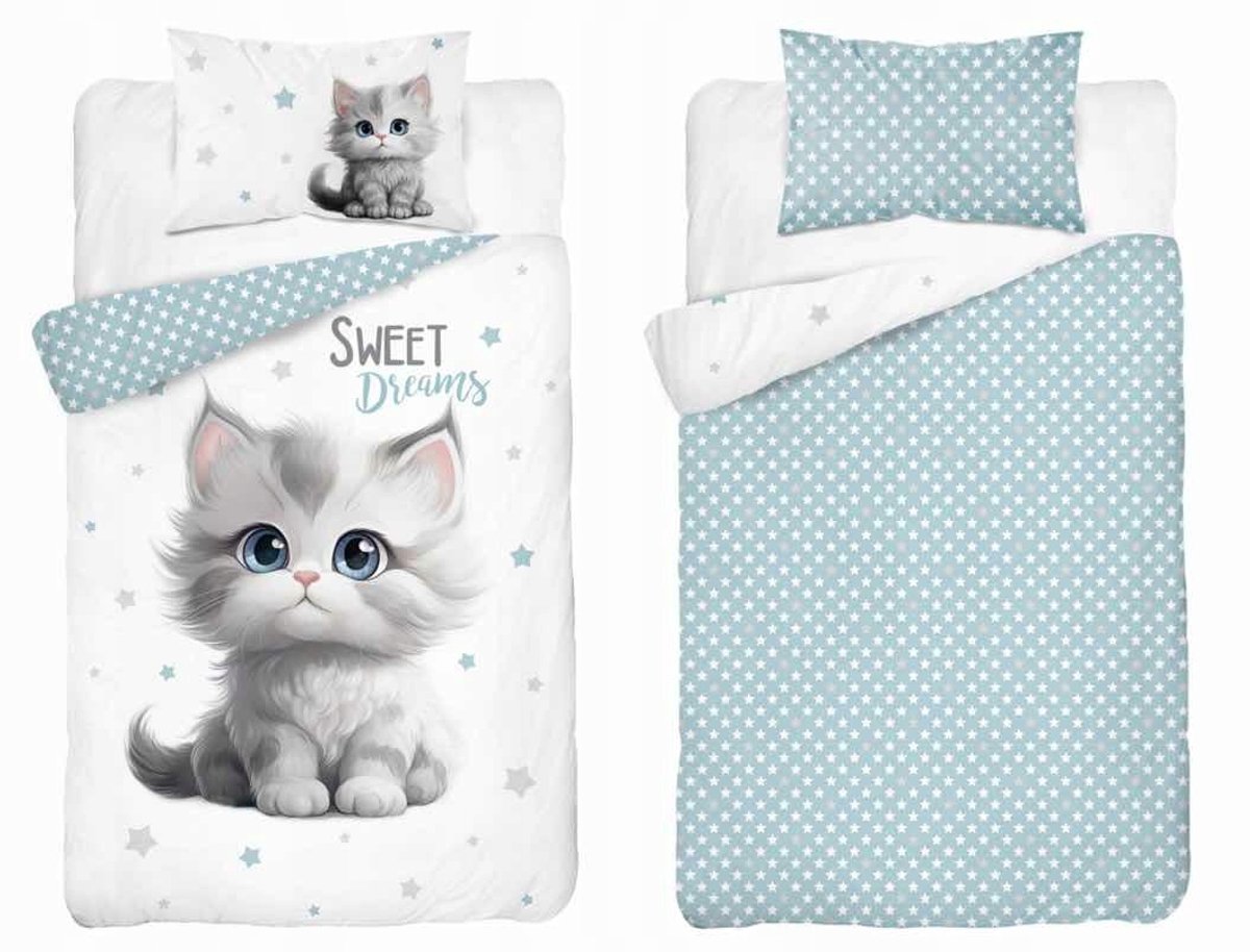 Kinderbedlinnen 90x120 cm - schaduwkat met blauwe sterren