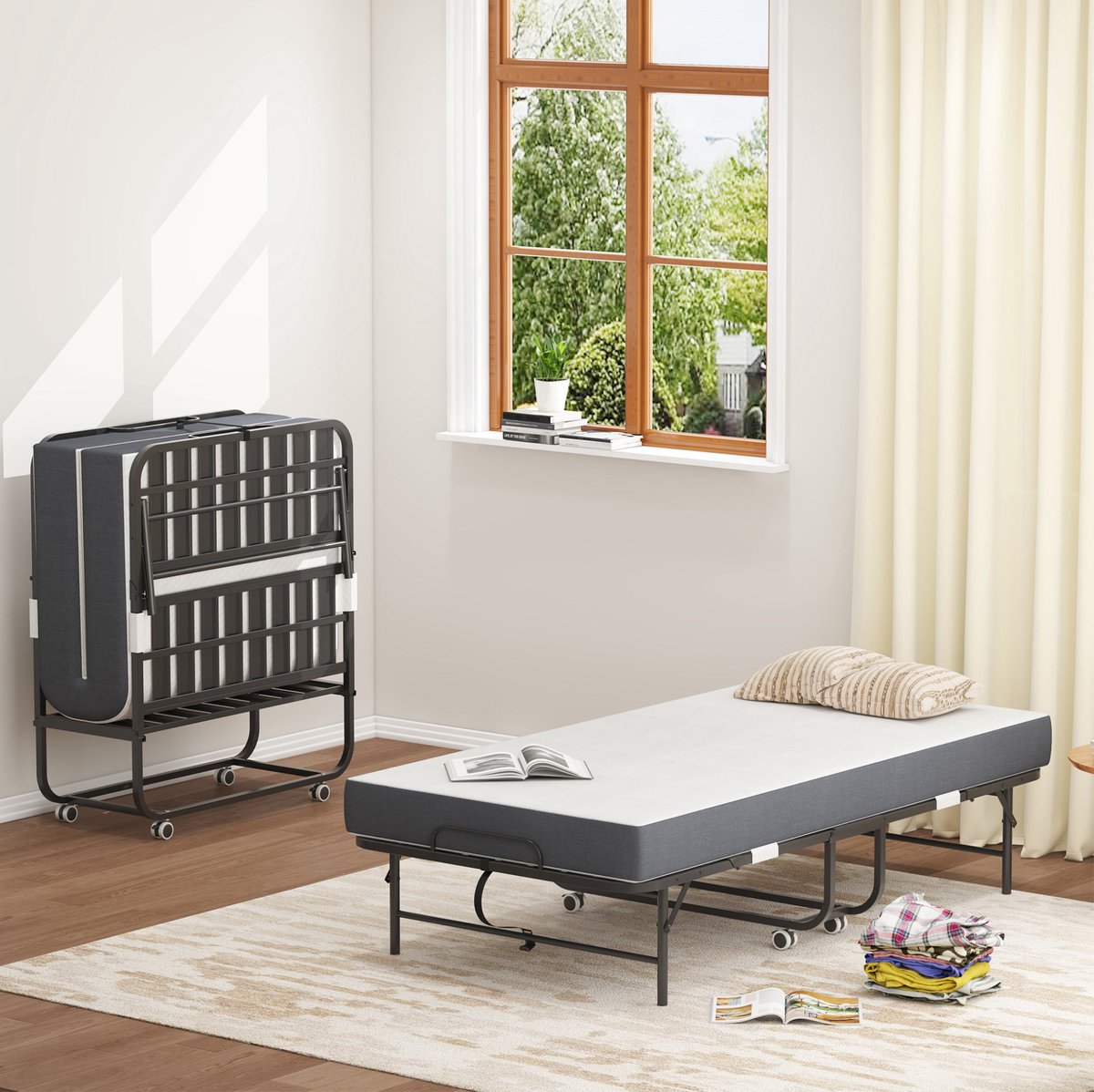 REDOM - Opklapbed - 9,5 cm gel-memory-foam matras - inklapbaar met 4 vergrendelbare wielen - gastenbed - metaal - Zwart - 190 x 96 cm