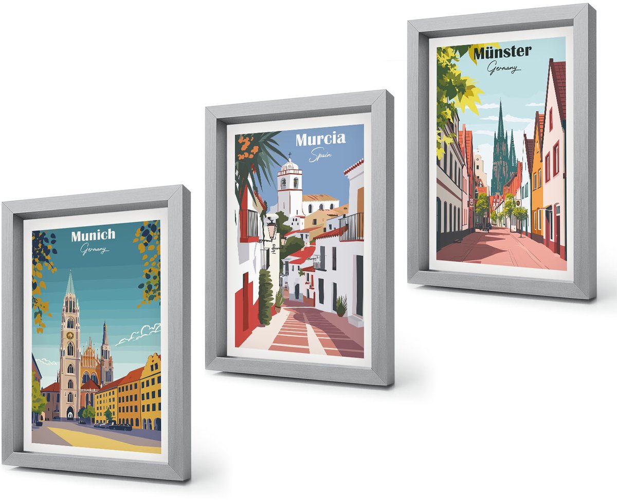 Coloray 4-Delige Schilderij Set - Europese steden in kleurrijke illustraties - 20 x 30 cm - Decoratieve Muurdecoratie - Slaapkamer - Wanddecoratie Zilveren lijst