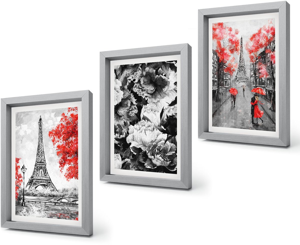 Coloray 4-Delige Schilderij Set - Eiffeltoren in grijs met rode accenten - 20 x 30 cm - Muurdecoratie - Interieur Decoratie - Woonkamer Decoratie Zilveren lijst