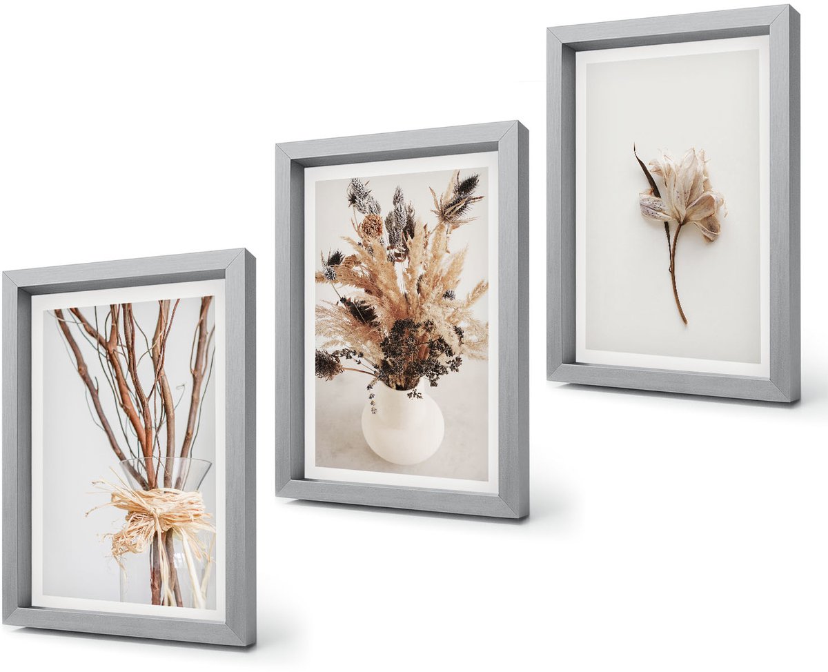 Coloray 4-Delige Schilderij Set - Bloemen en takken in een minimalistische, natuurlijke stijl. - 20 x 30 cm - Decoratieve Schilderijen - Wanddecoratie - Hal - Moderne Wanddecoratie Zilveren lijst