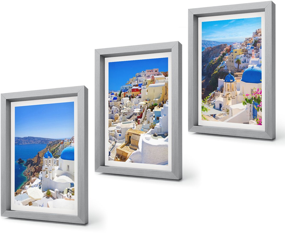 Coloray 4-Delige Schilderij Set - Landschapsarchitectuur en uitzichten op de stad Oia op Santorini, Griekenland - 20 x 30 cm - Decoratieve Schilderijen - Woonkamer - Interieur - Interieur Decoratie Zilveren lijst