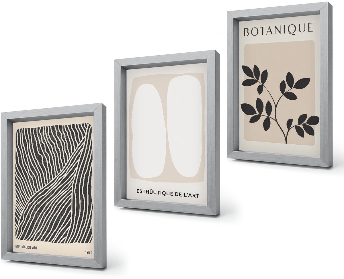 Coloray 4-Delige Schilderij Set - Bloemenpatronen en minimalistische lijnen in neutrale kleuren. - 20 x 30 cm - Decoratieve Schilderijen - Woonkamer - Interieur - Moderne Wanddecoratie Zilveren lijst