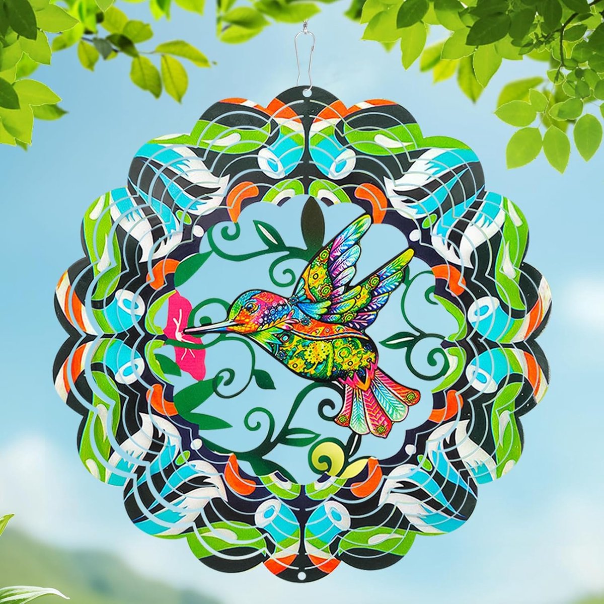 Kolibrie windspinner, kleurrijk roestvrij staal, tuin hangdecoratie, vogelverjager met draaibare haak