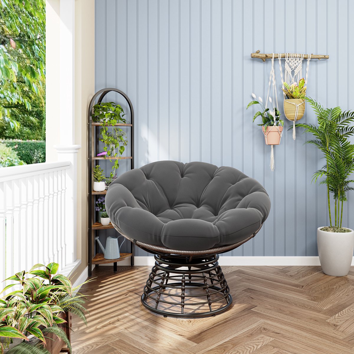 MUVANO Papasan Stoel - Draaibare Rotan Loungestoel - Comfortabele Rieten Leesstoel - 92x67 cm - 360 Graden Draaibaar - Binnen en Buiten Bruin Grijs