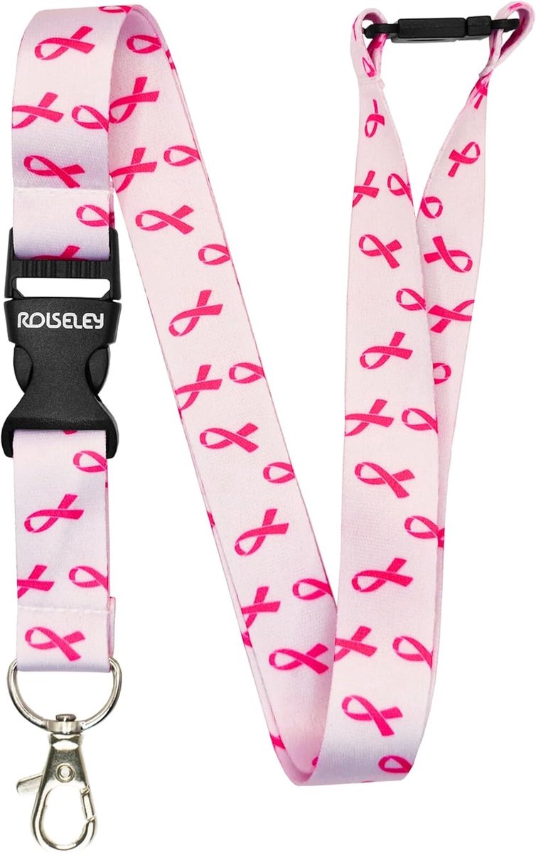 Lanyard met afneembare metalen clip - roze borstkanker bewustzijn - veiligheidssluiting - ShopVlot