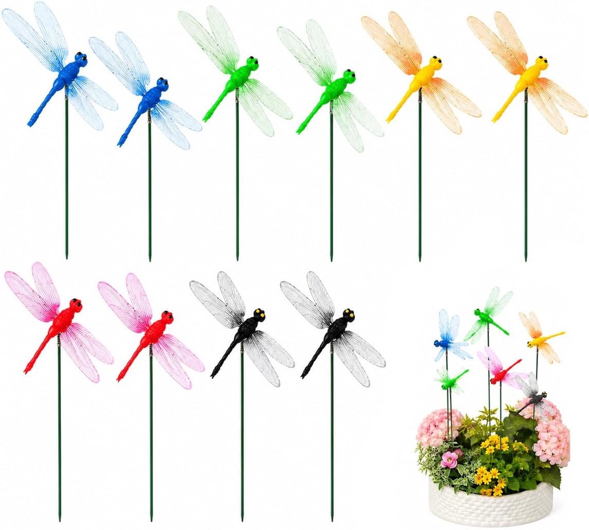 Libellen tuindecoratie – 10 kleurrijke kunststof libellen – 3D-design – vrolijke tuinaccessoires - ShopVlot