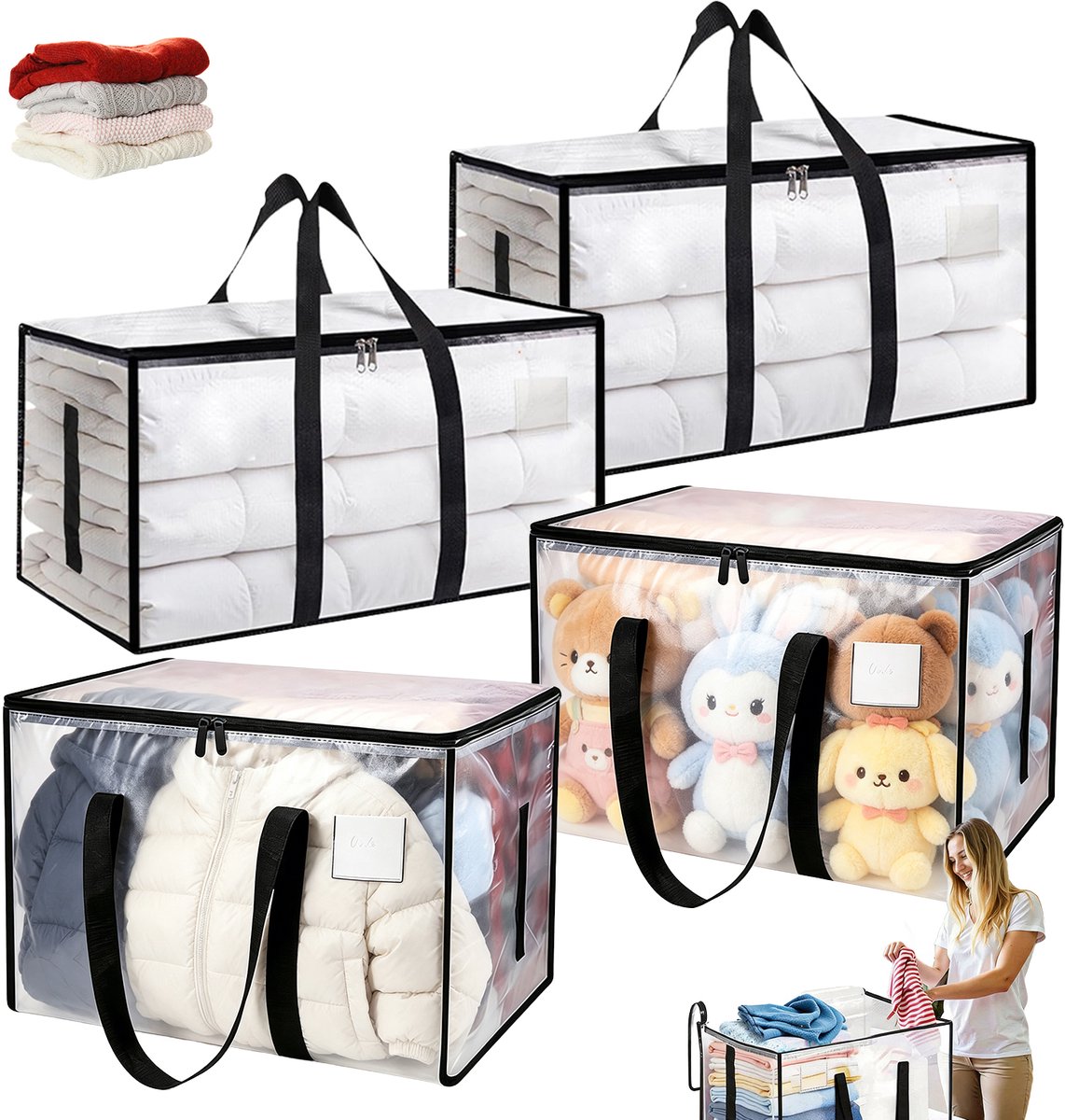 XXL Verhuistassen Set - Verhuis & Opbergtassen - Verhuiszakken - 4 Stuks - 91L - 67,5x35x37 cm - Stevig Handvat - Dubbele Ritssluiting - Labelvenster - Opvouwbaar - Big Shopper Moving Bag - Voor Verhuizing & Opslag - Transparant