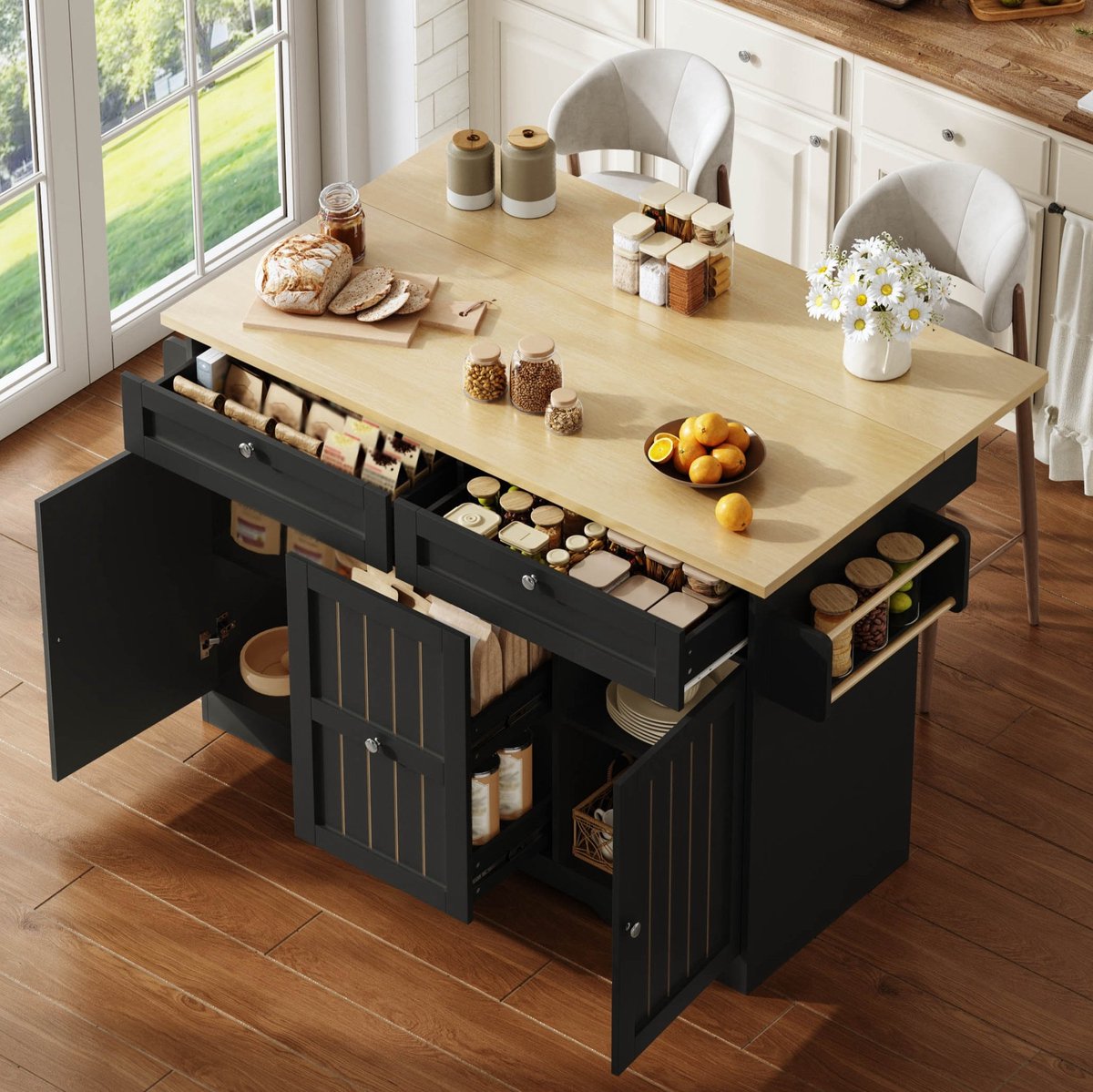 Wishdor Mobiel keukeneiland 120 x 45(70) x 92 cm - Klapbaar werkblad - Opbergkast en serveerwagen - 4 laden - Vergrendelbare wielen - MDF - Zwart