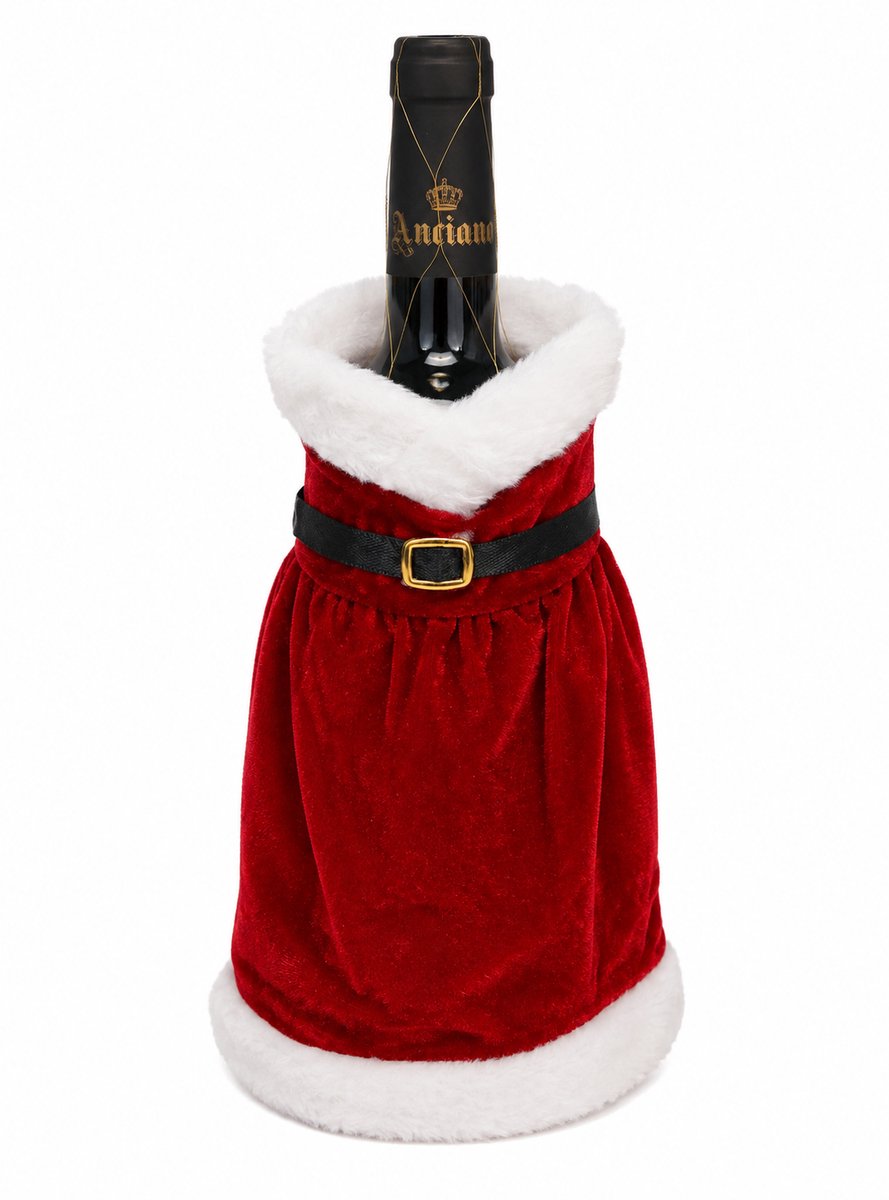 HEM Wijnfles Kerstdecoratie Kerstjurk Rood Wit - Wijnfleshoes - Flesversiering - Kerst Tafeldecoratie 20 cm