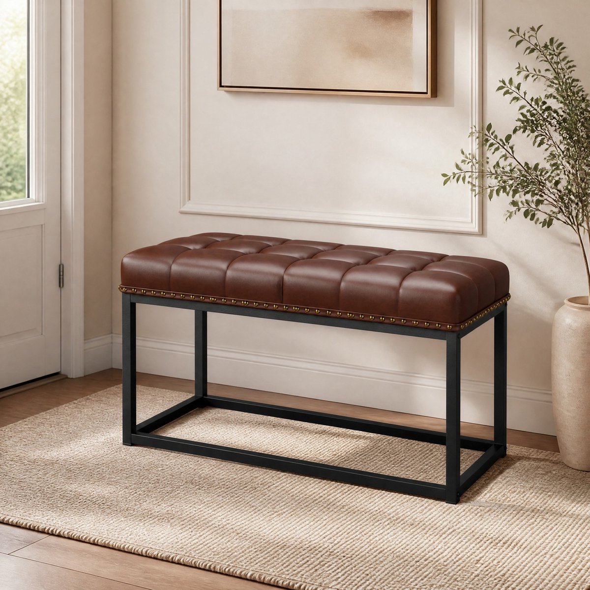 Wishdor Poef / bankje - Gecapitonneerd kunstleer - Industrieel frame - Rechthoekig - Voor binnen - Bruin zwart - 90 x 46 x 52 cm - Metalen onderstel