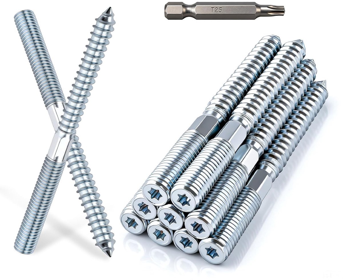 Pack of 20 Stick Screws M8 x 80mm Double Thread Galvanized Stick Screws M8 Wood Screws with Hex Part Torx T25 - ShopVlot