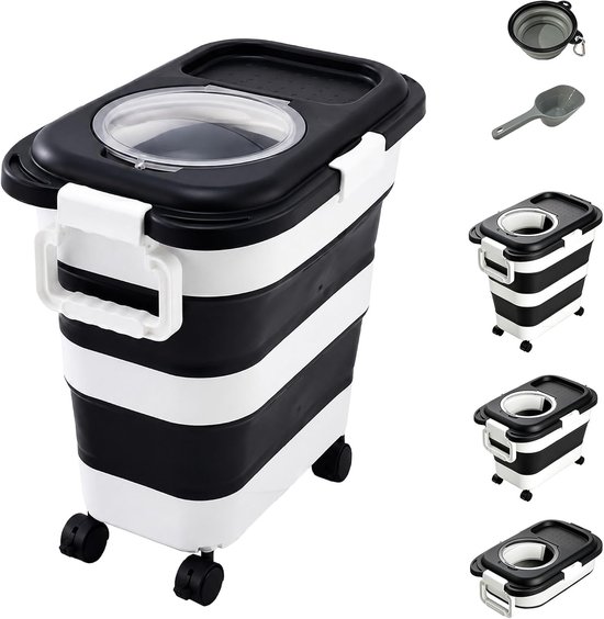 Zwart en wit opvouwbaar huisdierenvoerreservoir met wielen, handvat en deksel. Inclusief accessoires en verkleinde weergaven.