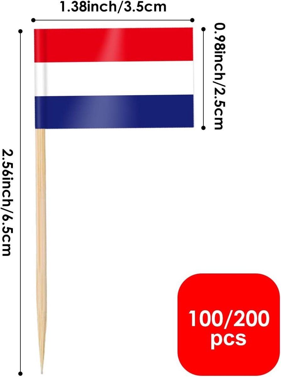 Nederlandse Tandenstokersvlaggen - 100 Stuks - 3,5 x 2,5 cm - Papier en Hout - Voor Feestdecoratie