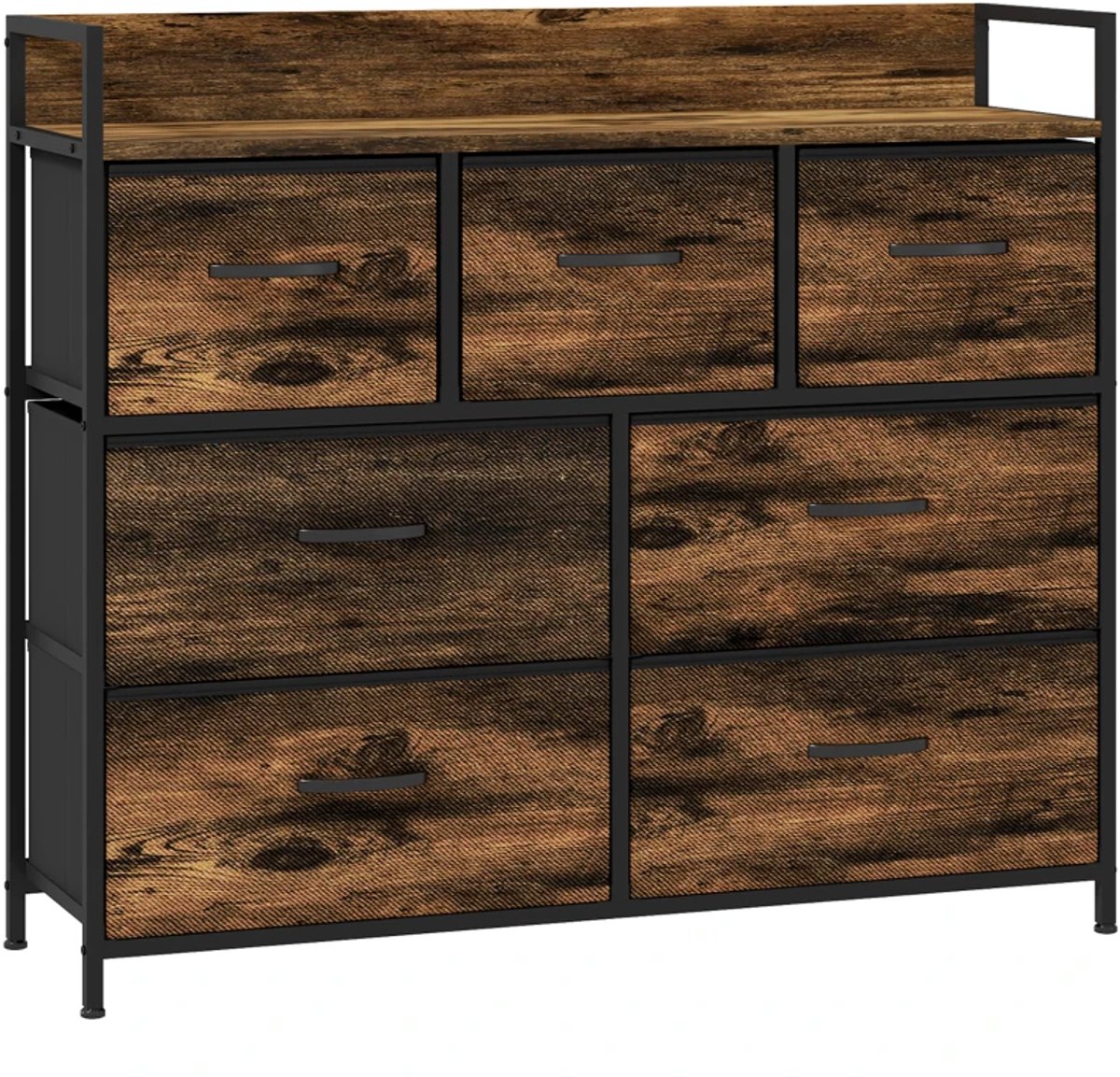 Dressoir - Ladekast met 7 stoffen lades - Industrieel design - Stalen frame - 98 x 29 x 85 cm - Bruin/zwart