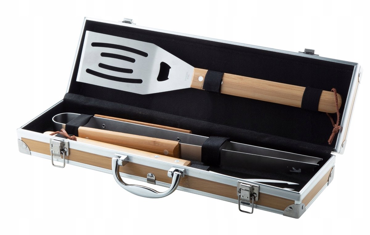 Merkloos Grillgereedschap Set in Bamboe Koffer - 3 Delig