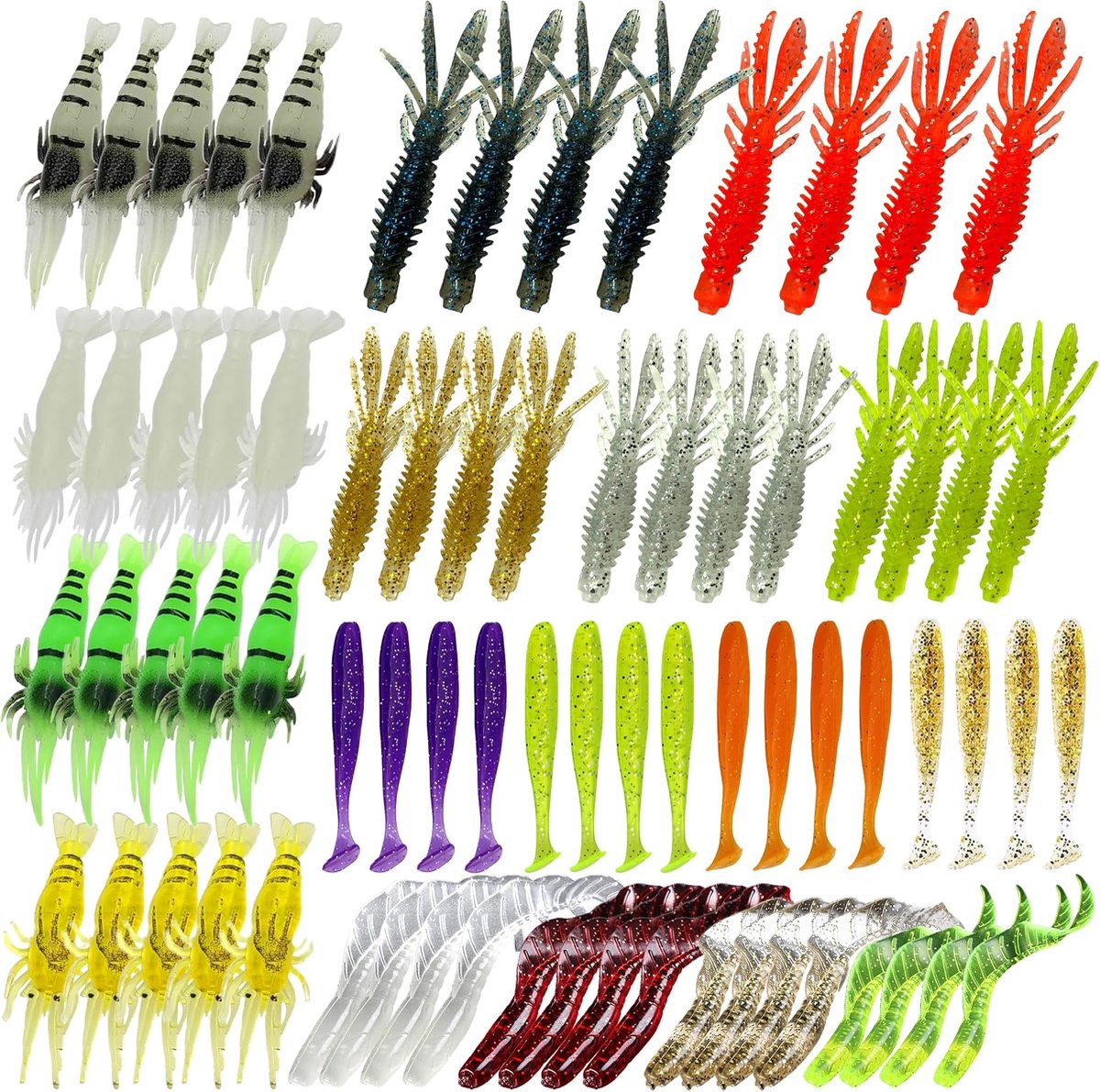 72 stuks rubberen aasset, 4 soorten visaas voor baars, snoekbaars, forel - ShopVlot