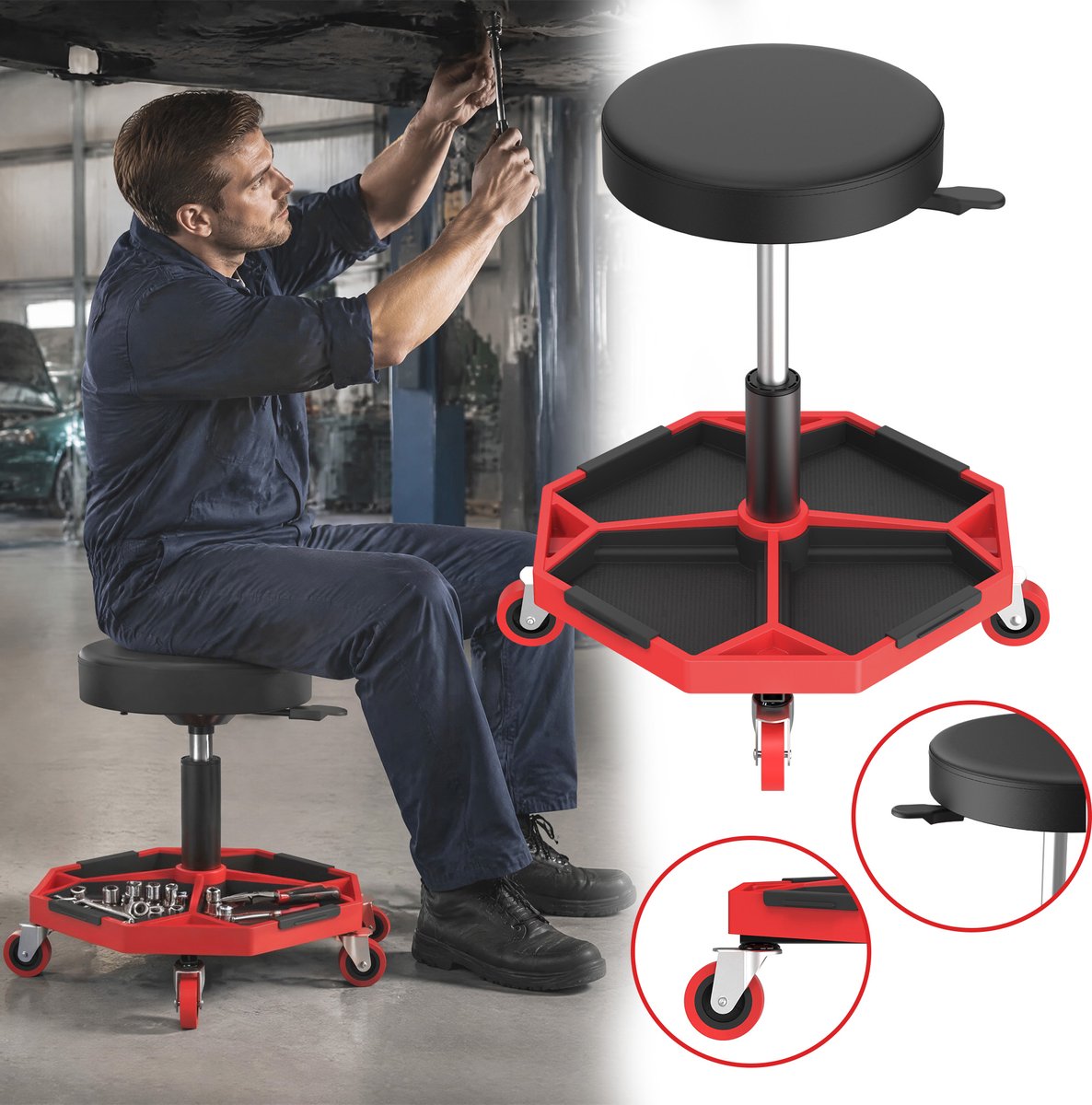 Froadp Ergonomische werkplaatskruk tot 150 kg, geïntegreerde gereedschapsbak, stille 360° wielen, hoogteverstelbaar voor monteurs