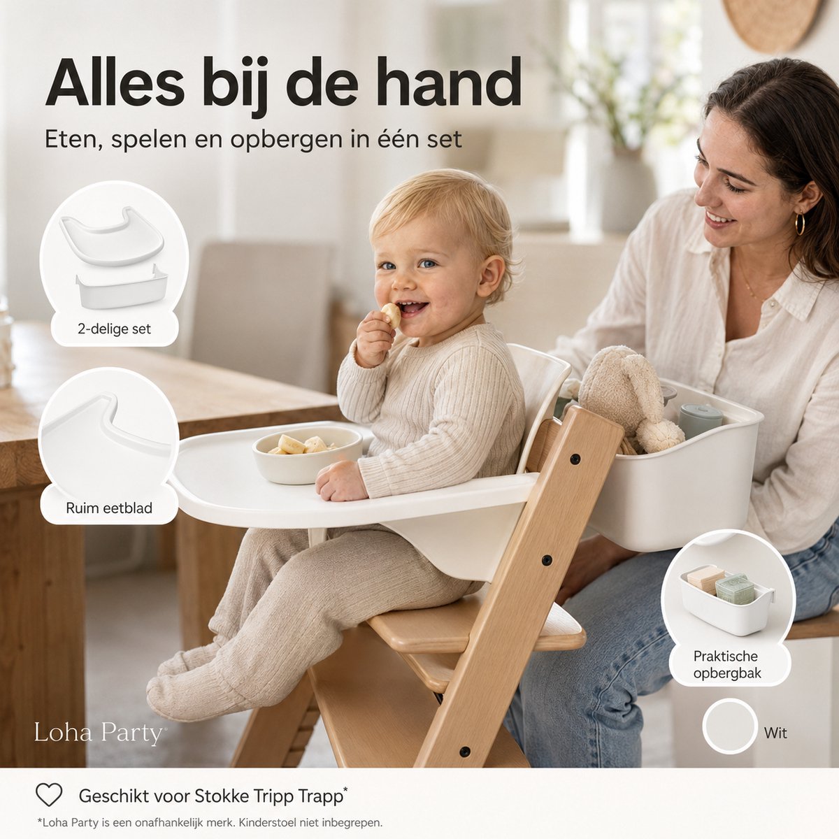 Loha Party Eetblad met Opbergbak – Geschikt voor Stokke Tripp Trapp – 2-delige Kinderstoel Accessoireset – Wit – foto 4
