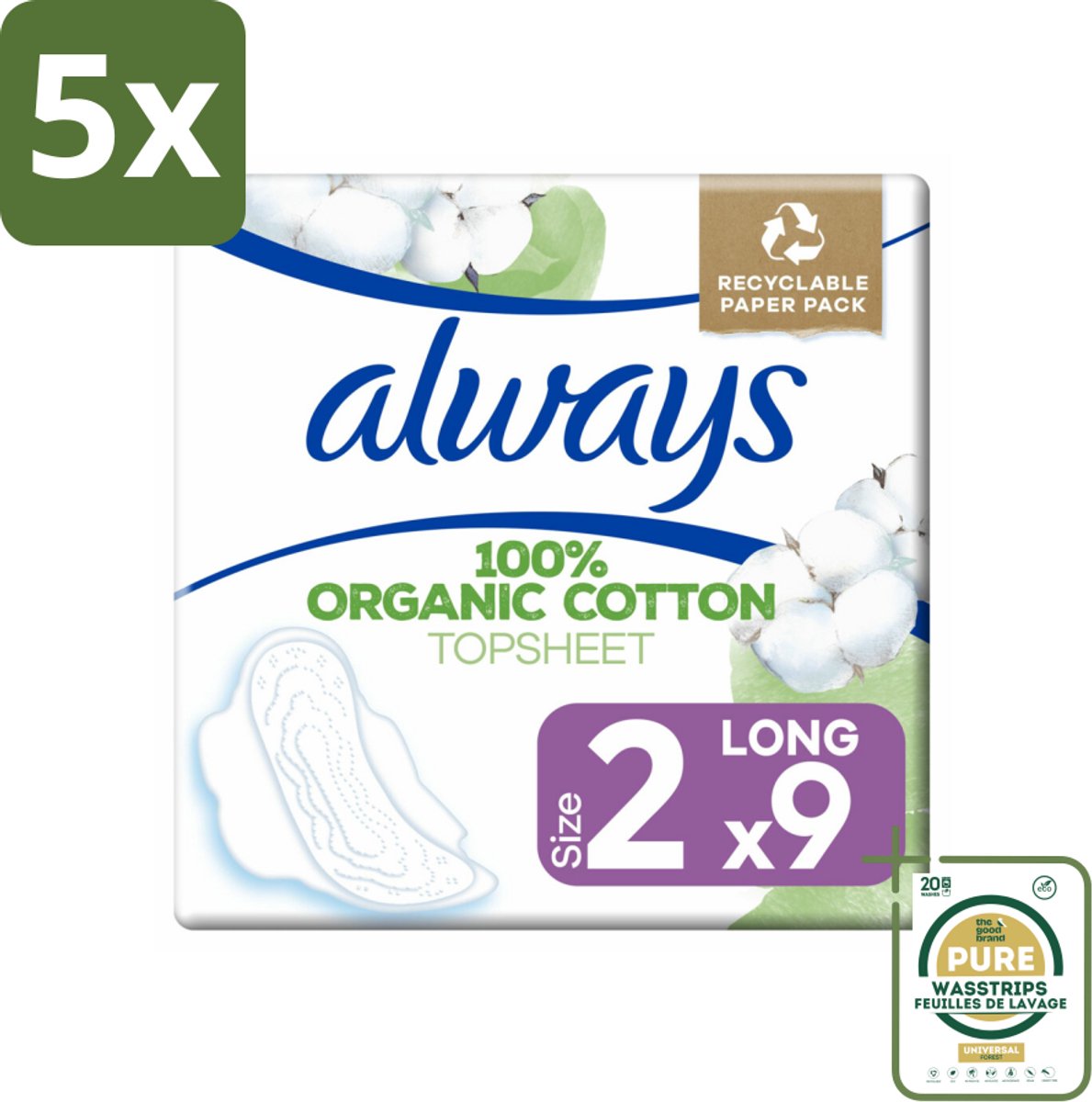 5 x Always - Maandverband - Long - Cotton Protection - Met Vleugels - 9 Maandverband - Grootverpakking - Maandverband - Katoen - Bescherming - Menstruatie - Vleugels