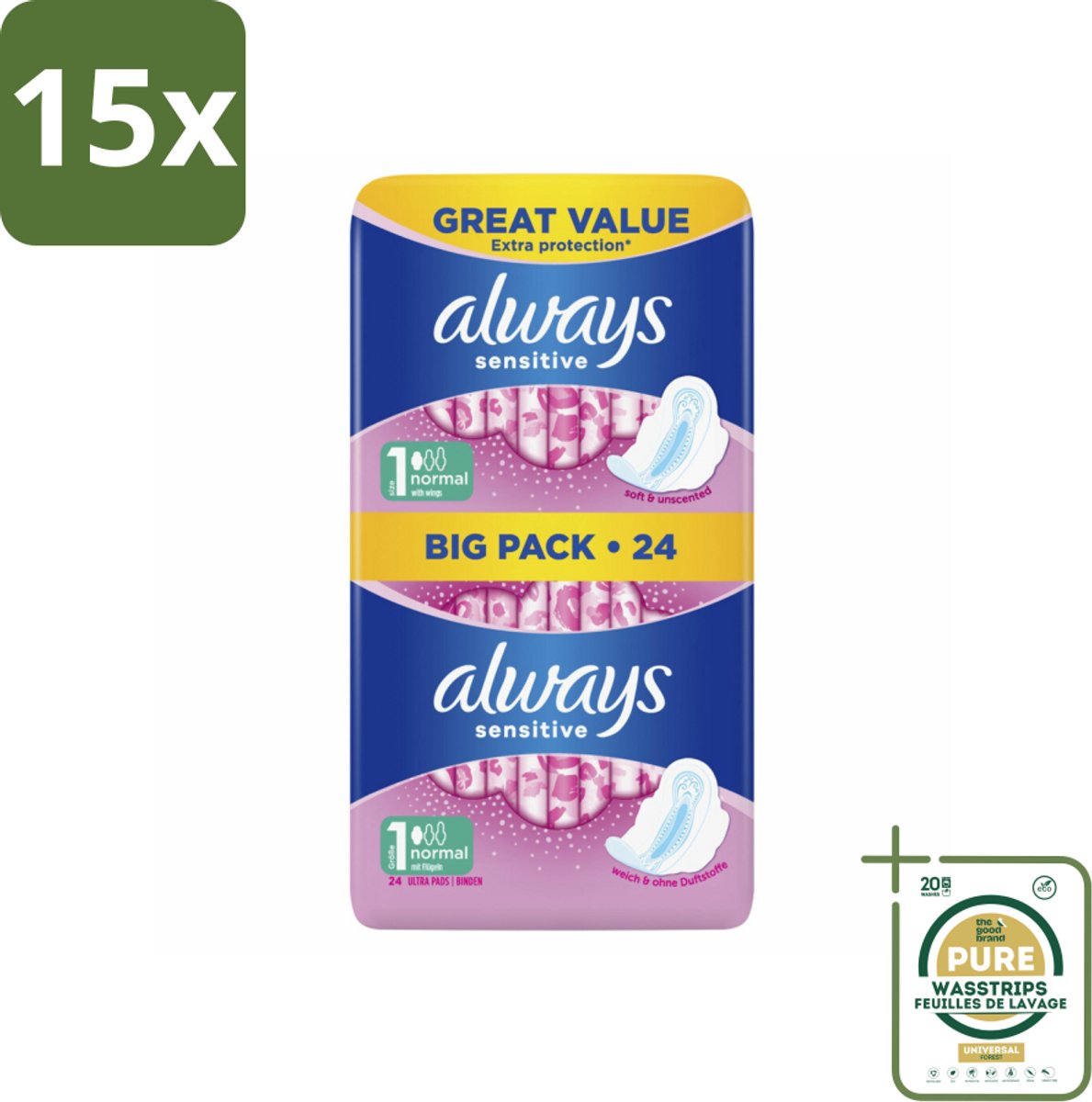 15 x Always - Maandverband - Normal - 24 Maandverband - Grootverpakking - Maandverband - Menstruatie - Gevoelige Huid - Zachte Maandverbanden - Bescherming
