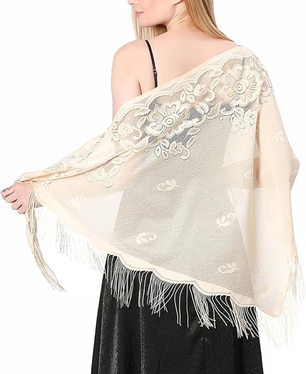 Sjaal - Driehoekige sjaal - Driehoekige kanten sjaal - Geschikt om te combineren met avondjurken - Met kwastjes - Geschikt voor avondfeesten en bruiloften - Beige ——180*70 cm
