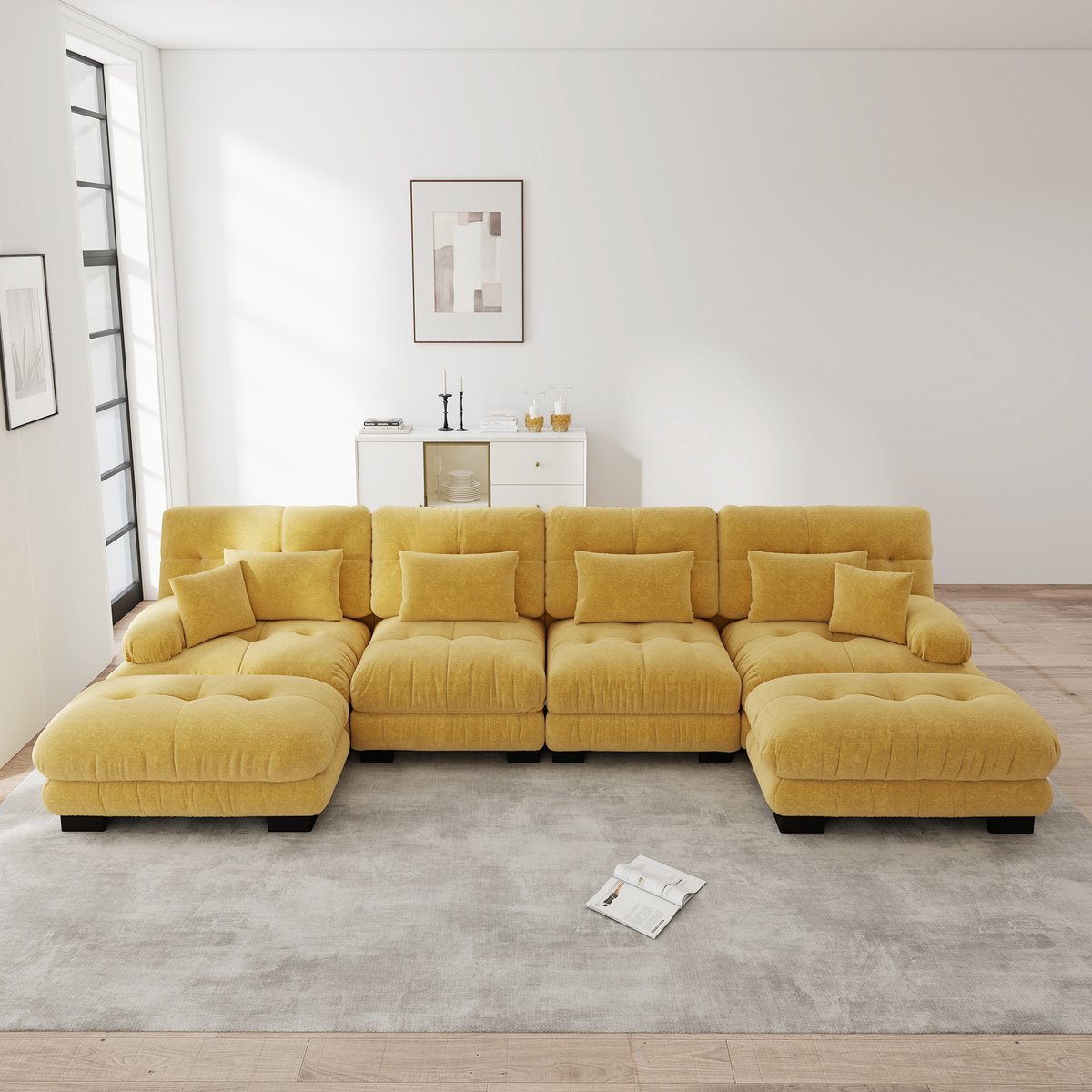 DESMIU U-Bank 406 Cm - Modulaire 4-Zits Cloud Sofa Met Verplaatsbare Ottomans - Voor Woonkamer Of Kantoor - Chenille Geel