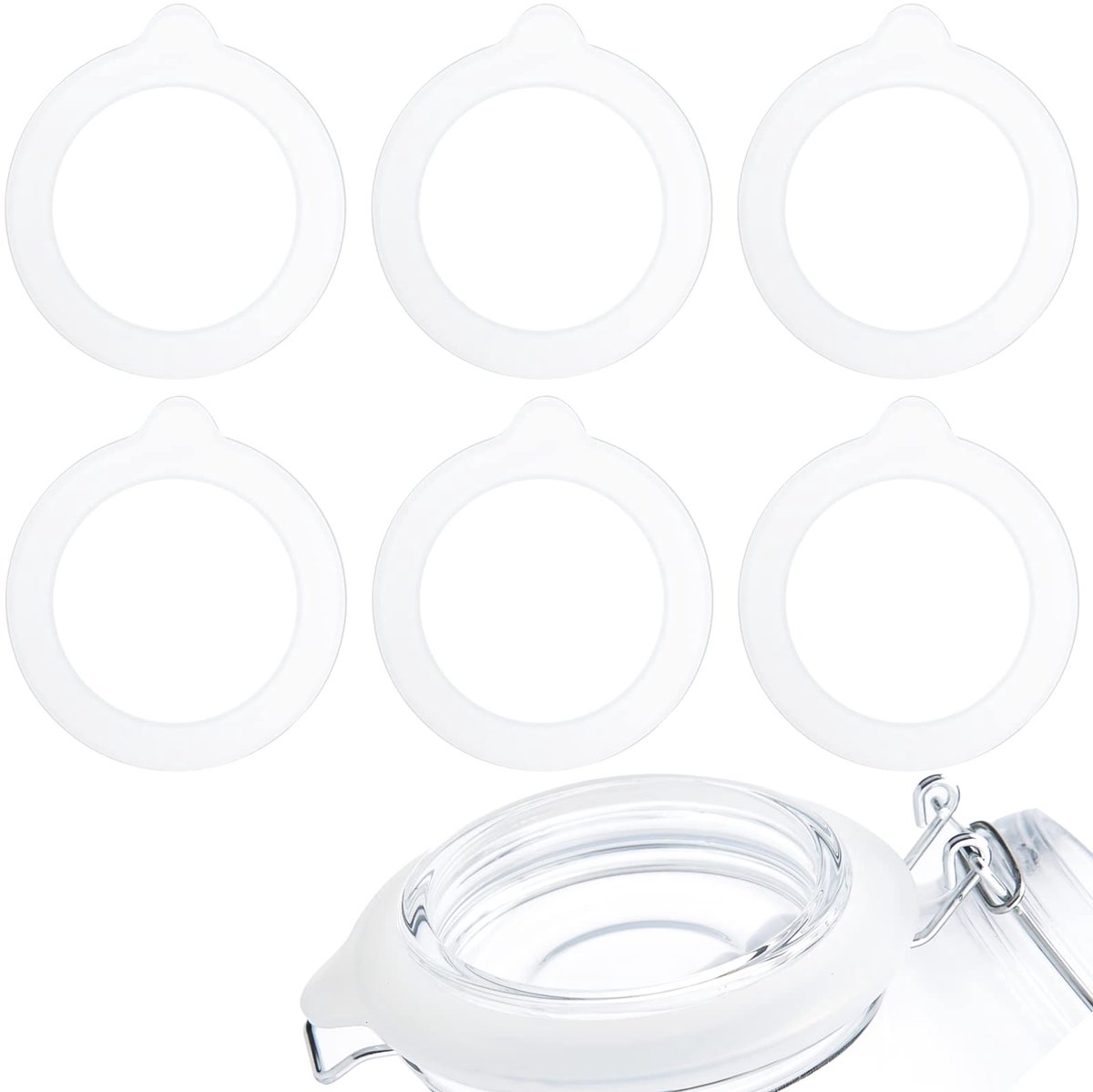 carmdering - Afdichtring - Siliconen Ring - Vershoudring - Set van 6, wit, 9,5 cm buitendiameter - Voedselveilig siliconen, BPA-vrij, -40°C tot 230°C - Luchtdicht, herbruikbaar - Voor potten, bokalen en bewaardozen