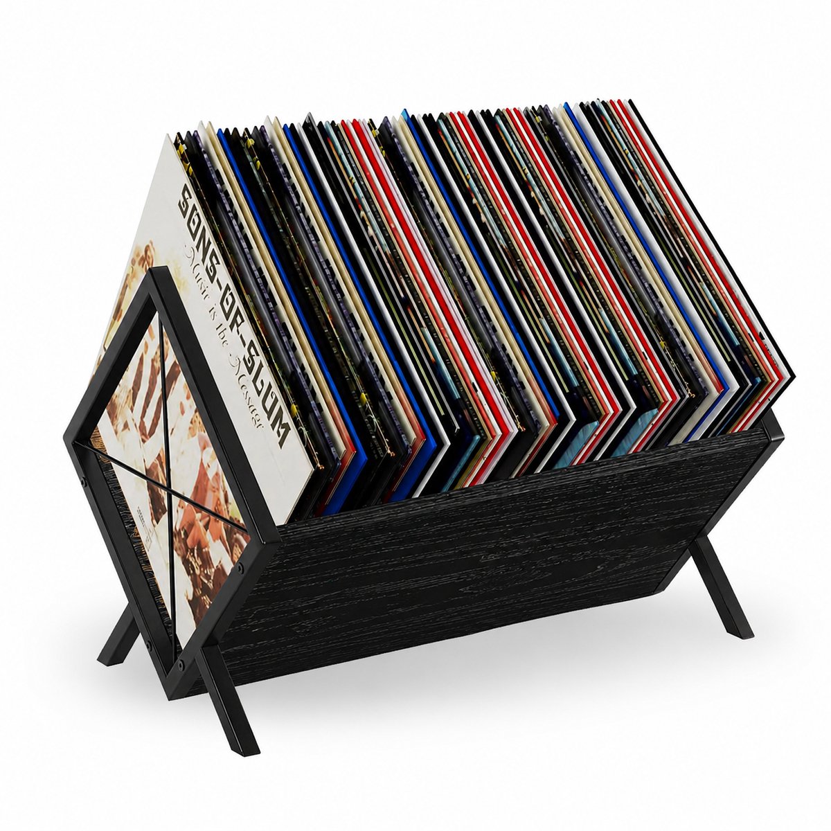 LifeLux LP Houder – Vinyl Houder – Platenhouder voor 80 LP’s – LP Opbergsysteem – Zwart Eiken met Zwart Metaal