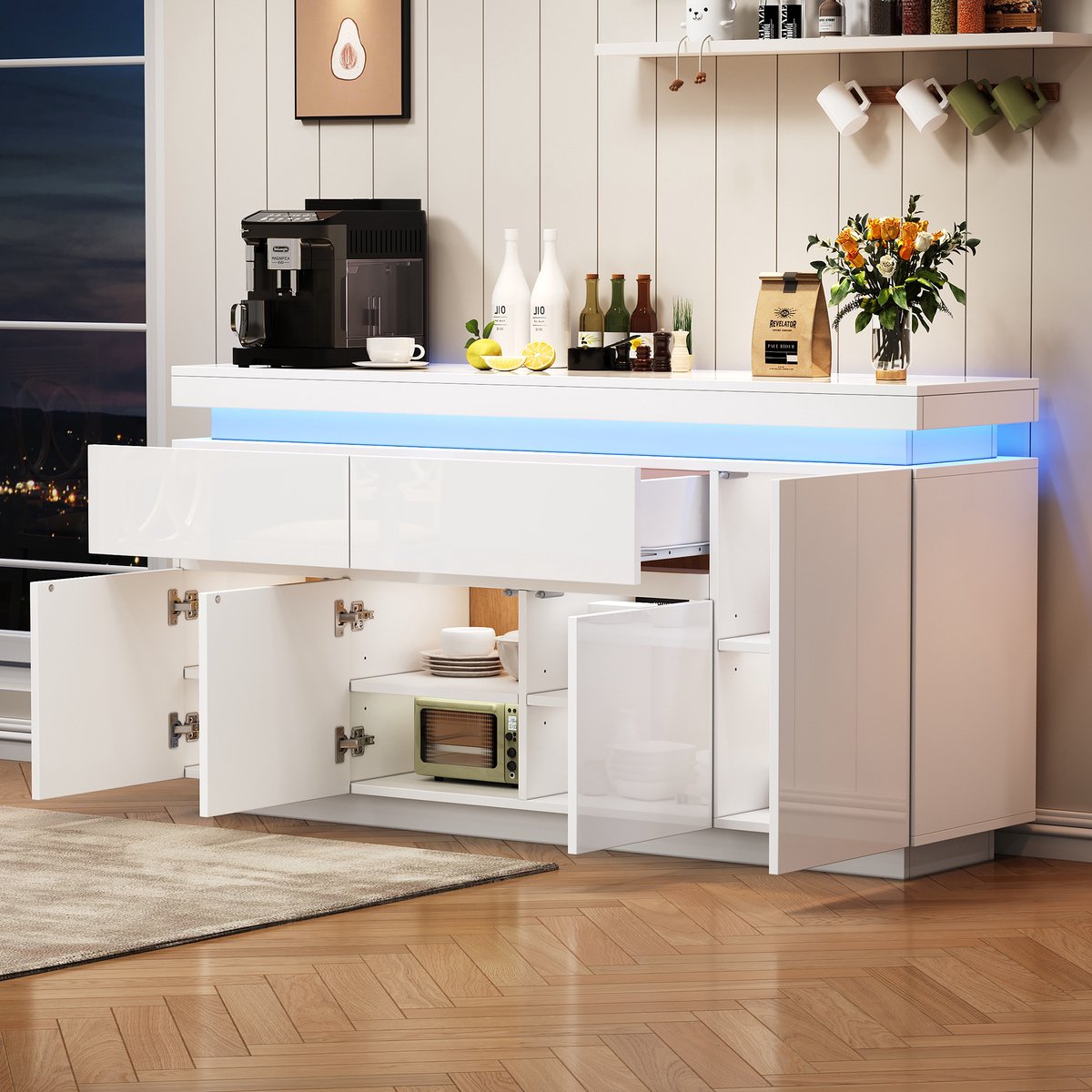 DESMIU Dressoir Met Ledverlichting En 2 Lades - Veel Opbergruimte Voor Woonkamer En Hoek - Spaanplaat - Wit - 140x35x72,5 Cm