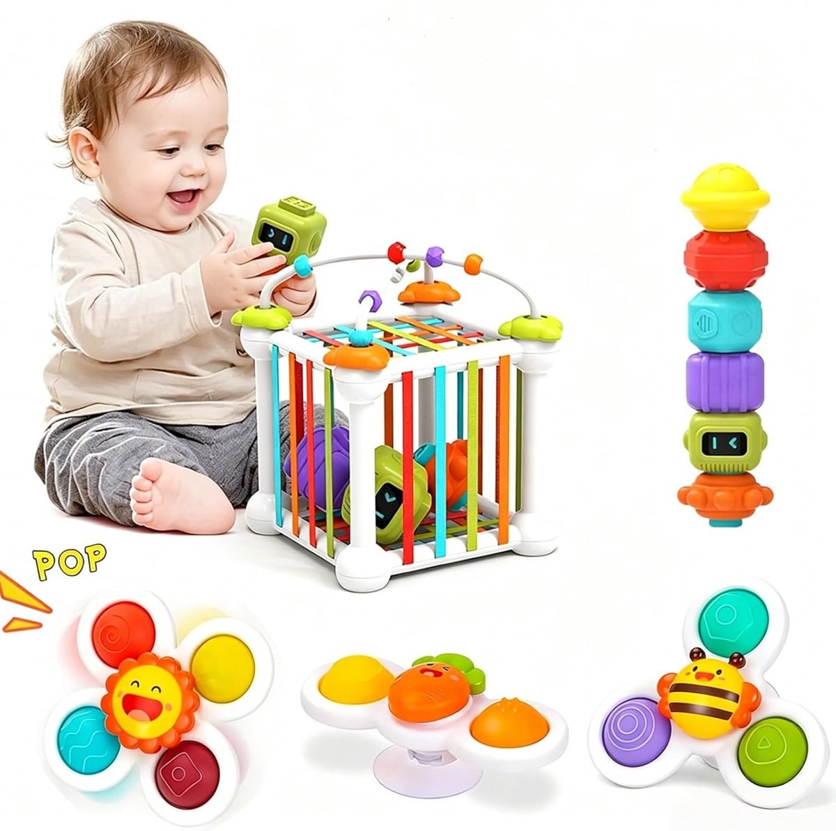 COOAU - 4-in-1 Baby Zintuiglijk Montessori Speelgoed Set - Magische Kubus Vorm Sorteerder met Stapblokken & 3 Stuks Zuignap Spinner Fidget Speelgoed - Vroegopvoedend Fijne Motoriek Speelgoed voor Peuters 1-3 Jaar