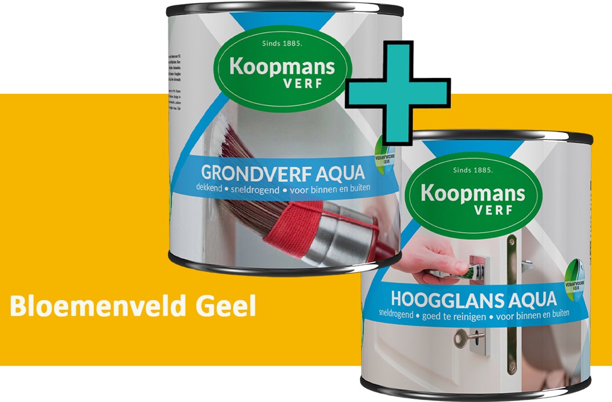 Koopmans Grondverf Aqua en Hoogglans Aqua Verfset - Binnen en Buiten - Bloemenveld Geel - 2x 2,5 l
