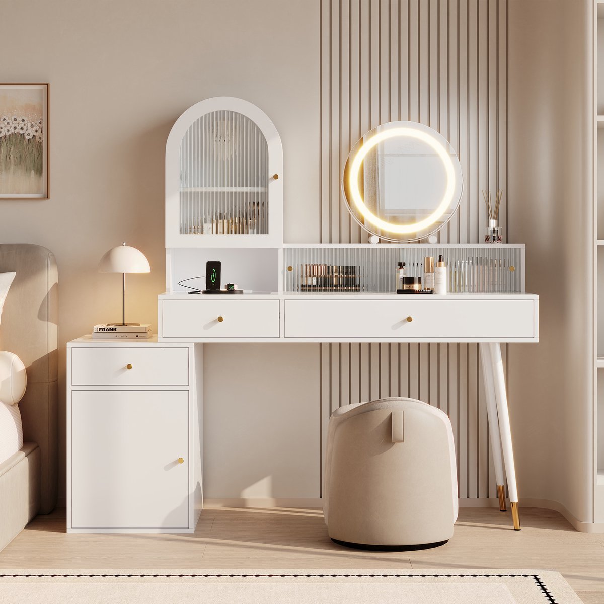 OKWISH Kaptafel - Met Led-Spiegel En Usb-C - Verstelbaar L-Vormig Ontwerp - 3 Lades En Kast - Wit - 140x40x140 cm