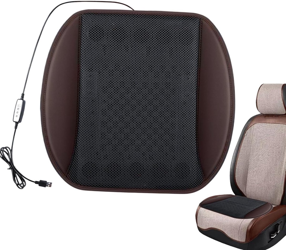 Autostoelkussen Ventilator - Stoelkoeler - Comfortabel Rijden - Geïntegreerd Ventilatiesysteem - 42 x 40 cm - Zwarte Koffie