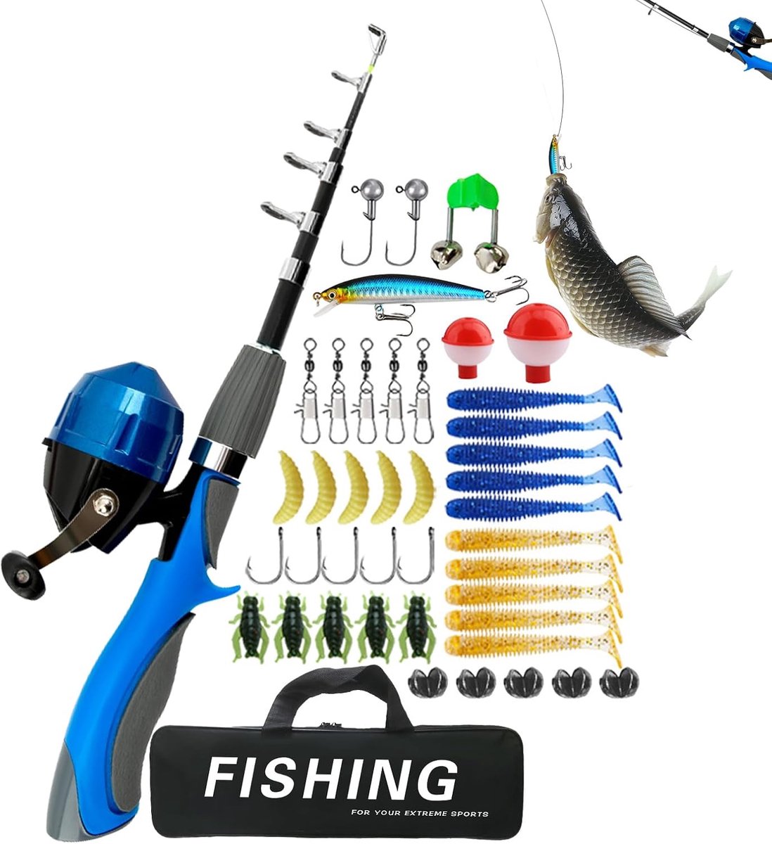 Kinder Hengel Set - Vliegvisuitrusting Starter - Vissen Buiten - Telescopische Hengel - 16 m - Blauw