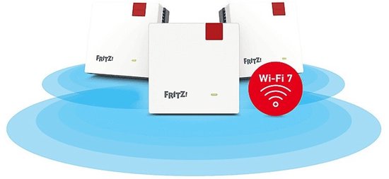 Drie witte Fritz! mesh-apparaten met rode accenten en Wi-Fi 7-symbool, op blauwe cirkels.