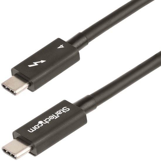 Câble noir avec deux connecteurs USB-C, chacun arborant le logo Thunderbolt 4.