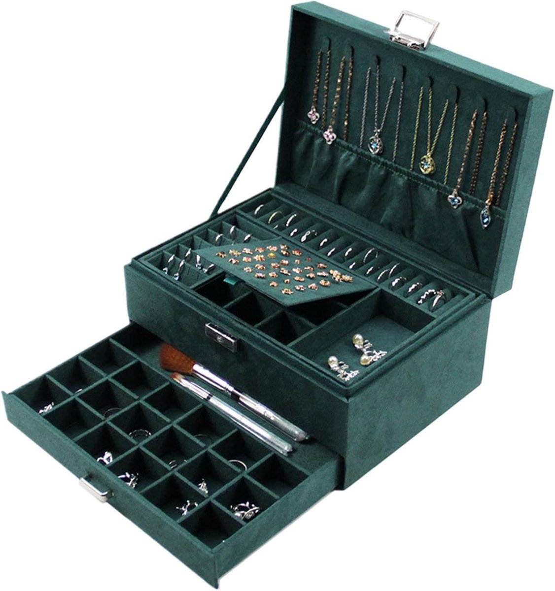 Juwelendoos Vintage - Schatkist Organizer - Sieraden Opbergen - 3 Laags Systeem - 24 x 17 x 11 cm - Donkergroen