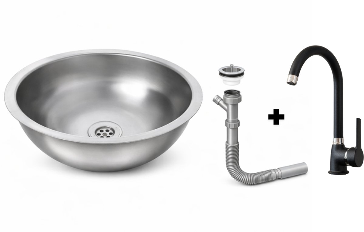 Spoelbak Keuken 34cm Rond met Zwarte Chroom Kraan - RVS - ideal voor Caravan