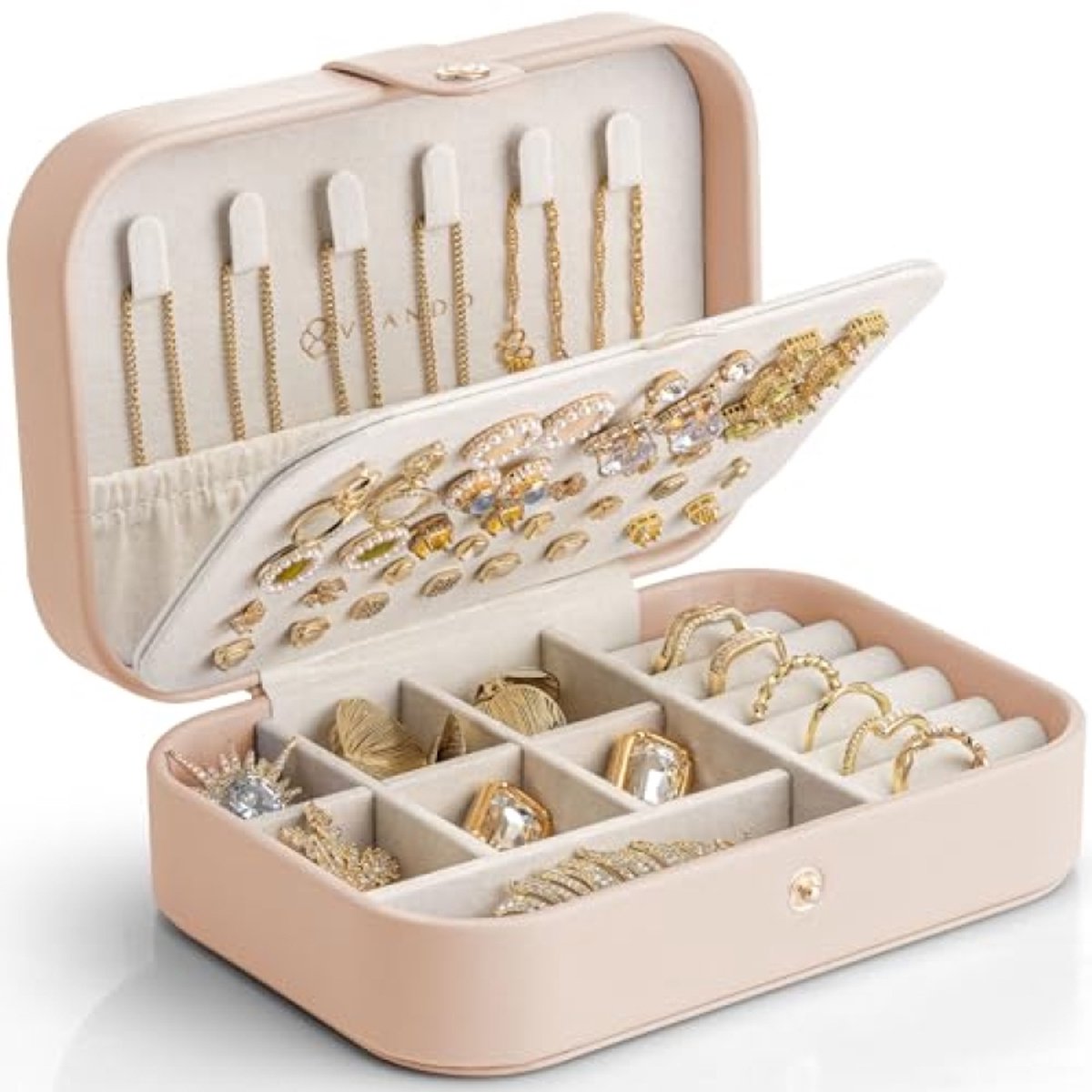 ModernStore Sieradenkistje voor op reis - Klein sieradendoosje met oorbelplank, 6 haken, 6 vakken - Nude roze - Sieradenorganizer en reisetui voor vrouwen