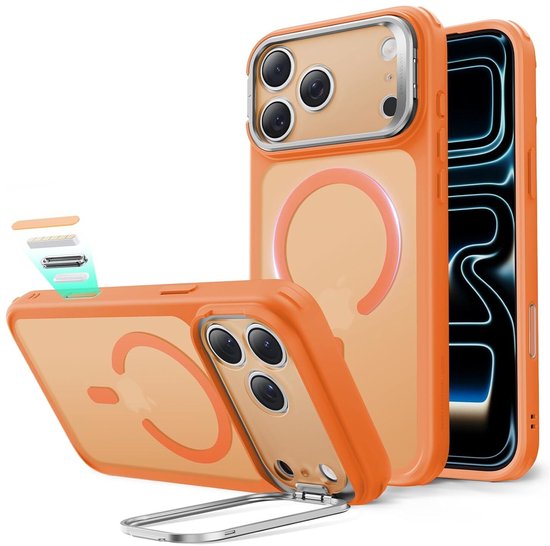 Oranje iPhone hoesje met magneetring, doorzichtige achterkant en zilveren standaard.