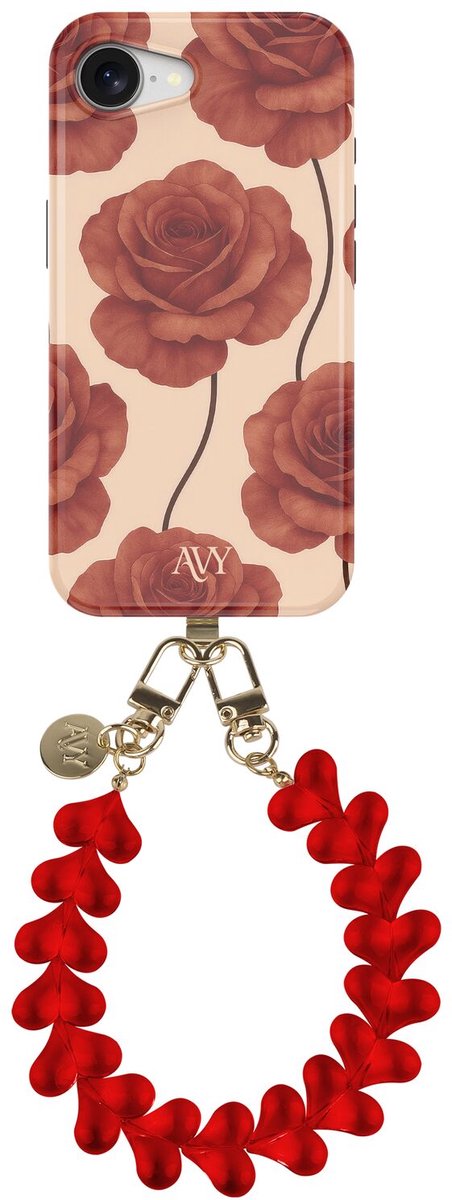 AVY Hoesje Met Telefoonkoord | Geschikt voor Apple iPhone 17e / 16e | Compatibel met MagSafe | Hard Shell Back Cover | Stijlvol Bijpassend Koord 30CM | Hearts & Roses | Rood