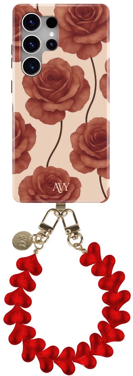 AVY Hoesje Met Telefoonkoord | Geschikt voor Samsung Galaxy S25 Ultra | Compatibel met MagSafe | Hard Shell Back Cover | Stijlvol Bijpassend Koord 30CM | Hearts & Roses | Rood