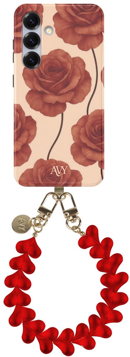 AVY Hoesje Met Telefoonkoord | Geschikt voor Samsung Galaxy S25 | Compatibel met MagSafe | Hard Shell Back Cover | Stijlvol Bijpassend Koord 30CM | Hearts & Roses | Rood