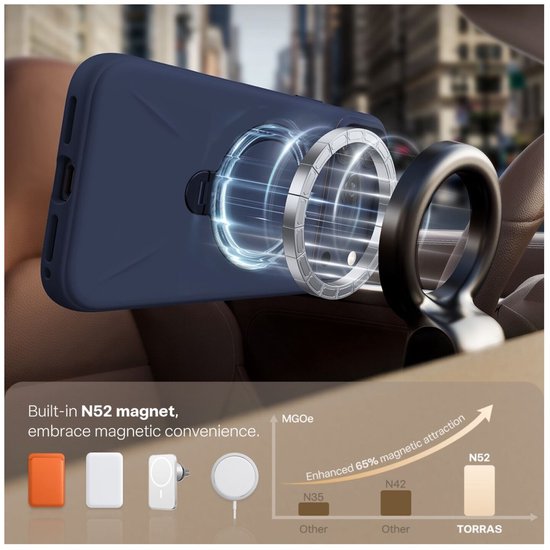 Donkerblauwe telefoonhoes met ingebouwde N52 magneet en magnetische standaard in een auto.