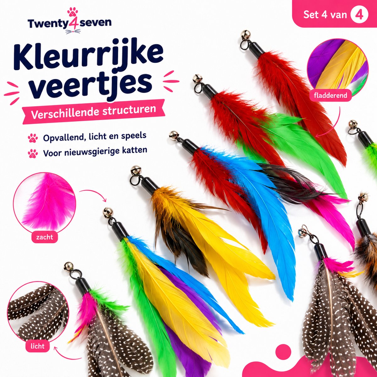 Twenty4seven® Kattenhengel Set 12-Delig - 2 Hengels met Verwisselbare Opzetstukken - Kattenspeelgoed Interactief - Speelgoed voor Katten & Kittens thumbnail 2