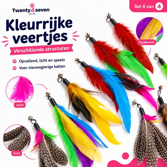 Verschillende kleurrijke veren met verschillende texturen voor katten. Zacht en licht.