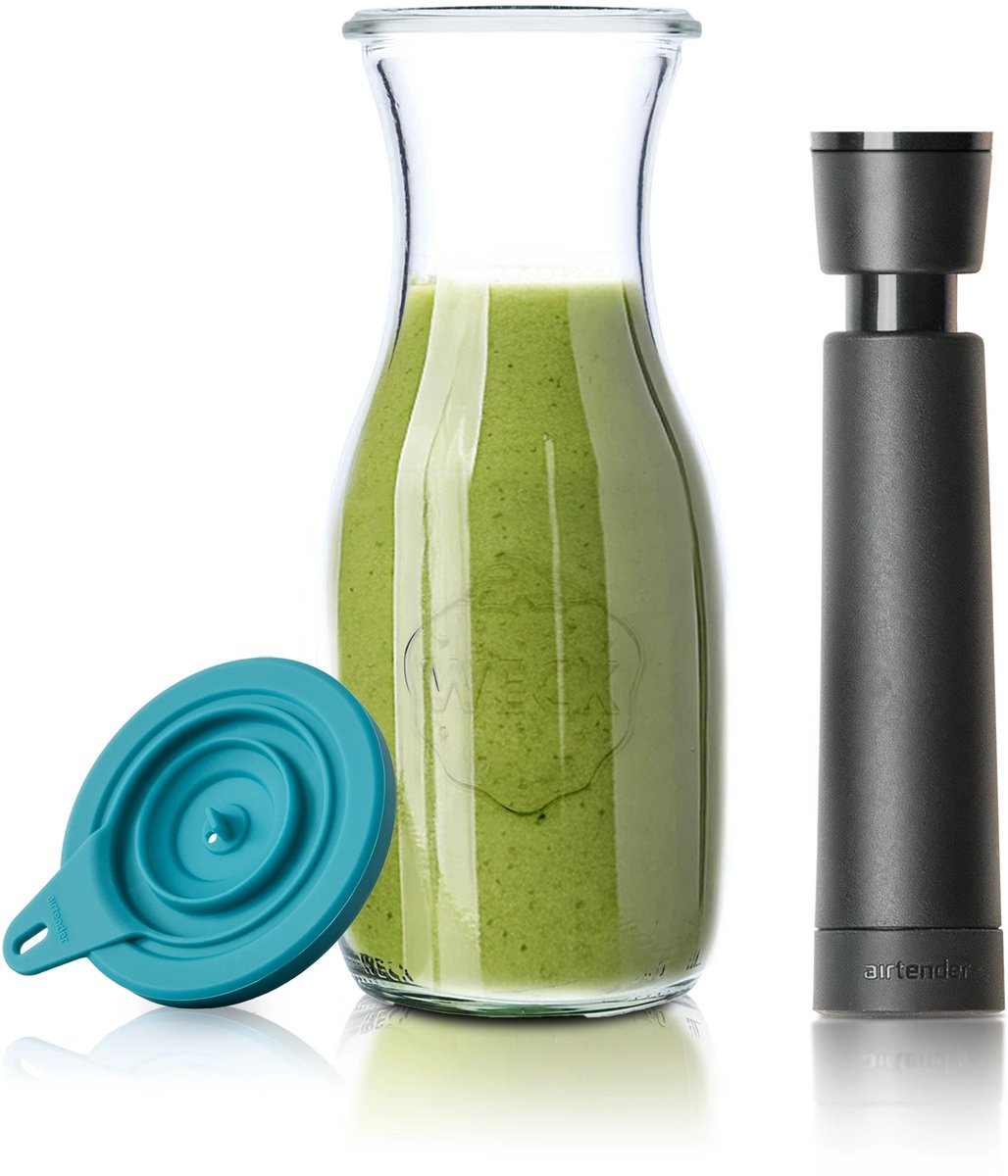 Airtender Smoothie Saver | Vacuüm karaf van glas (500ml) | Vacuümdeksel + GRATIS -pomp | 100% Plasticvrij | Smoothies, juices en shakes tot 5x langer vers, kleurrijk en vitaminerijk | Maak smoothies voor de hele week! | + To-Go Clip