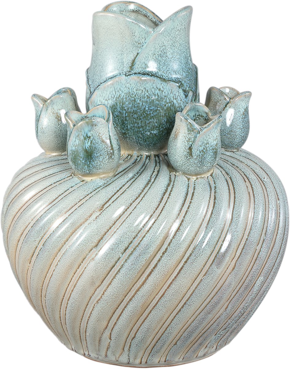 PTMD Mailia Turquoise Ceramic Round Tulip Vase Swirl Blauw