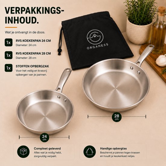 Organess RVS koekenpan set van 24cm en 28cm, met stoffen opbergzak, in een doos.